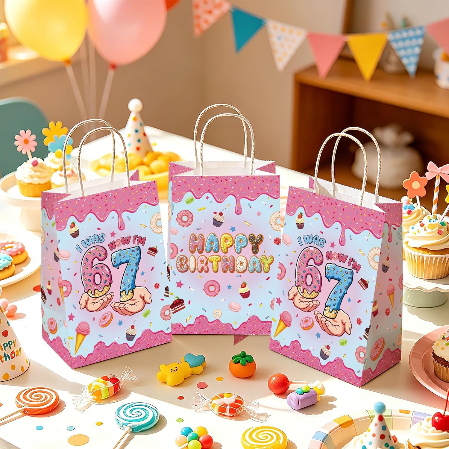 16Pcs 6 7 Birthday Party Favor Bags Ice Cream Donut I Was 6 Now I'm 7 Goodie Bags image 4