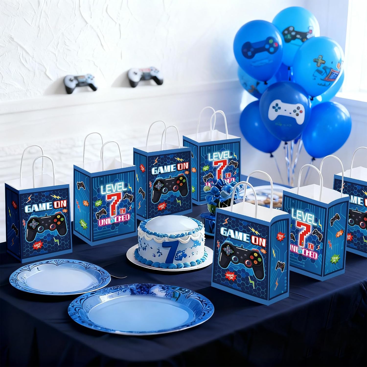 16Pcs 7th Video Game Birthday Party Favor Bags Blue Level 7 Goodie Bags image 6