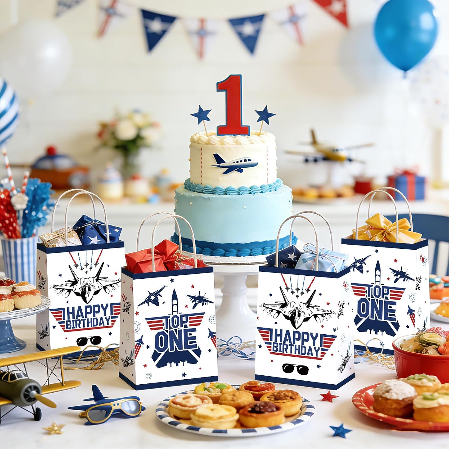 16Pcs Airplane 1st Birthday Party Favor Bags Fighter Jet Top One Goodie Bags - Grencian