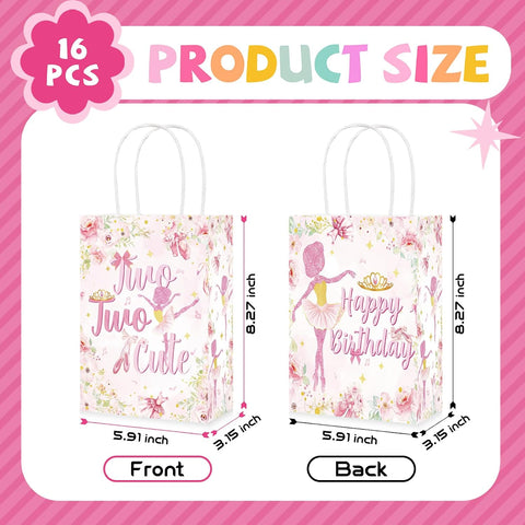 16Pcs Ballerina 2nd Birthday Party Favor Bags Pink Ballet Tutu Goodie Bags - Grencian
