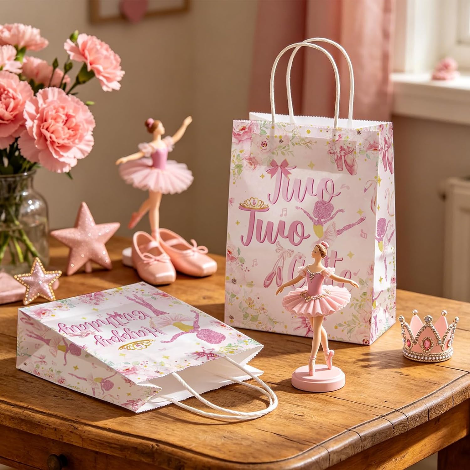 16Pcs Ballerina 2nd Birthday Party Favor Bags Pink Ballet Tutu Goodie Bags - Grencian