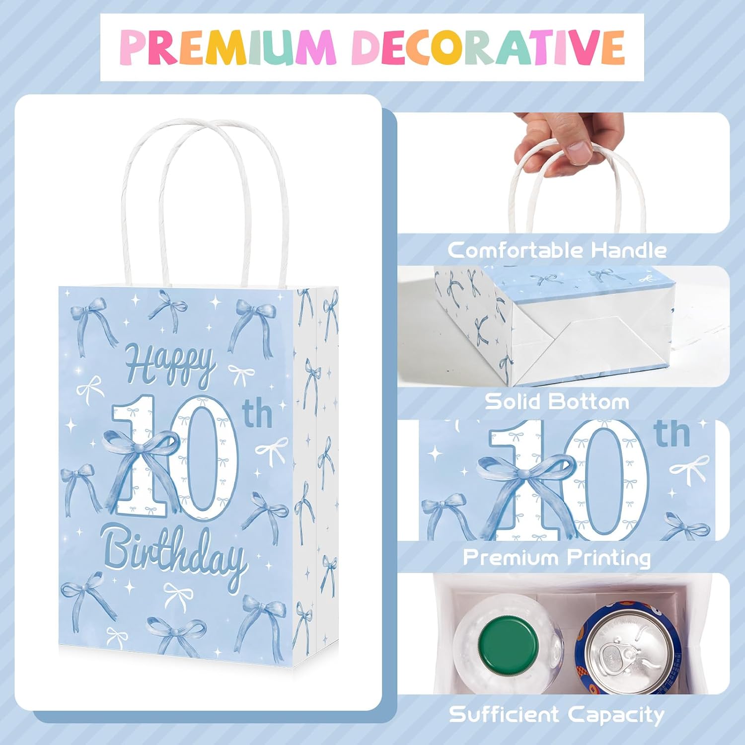 16Pcs Blue Bow 10th Birthday Party Favor Bags Cute Bow Goodie Bags image 2