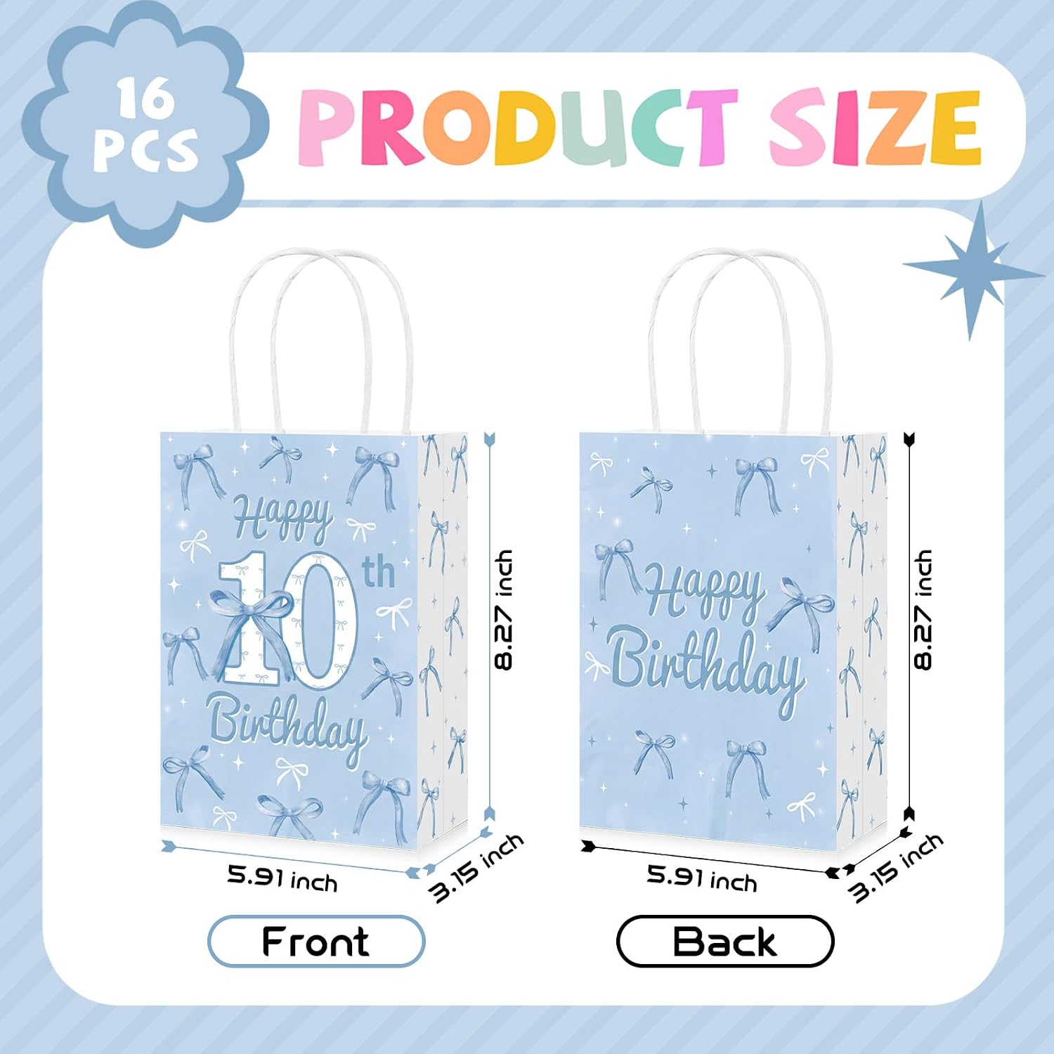 16Pcs Blue Bow 10th Birthday Party Favor Bags Cute Bow Goodie Bags image 3