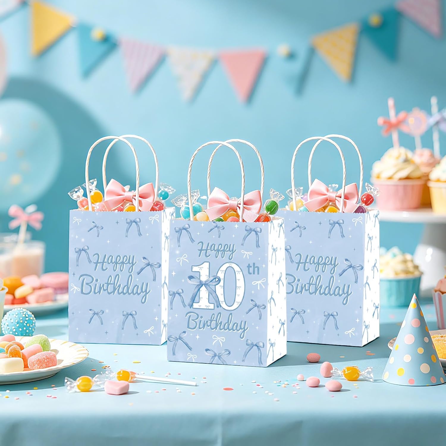 16Pcs Blue Bow 10th Birthday Party Favor Bags Cute Bow Goodie Bags image 4