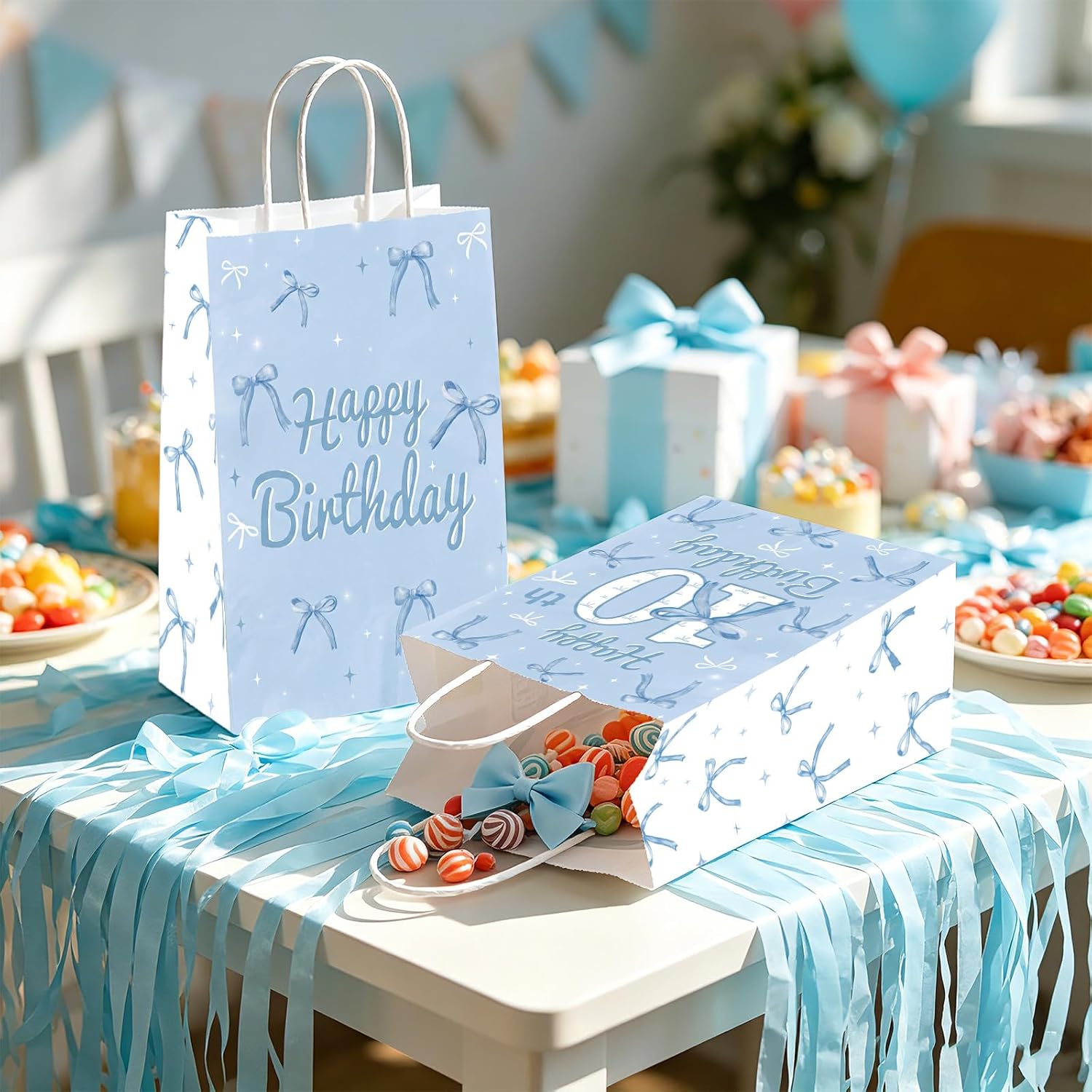16Pcs Blue Bow 10th Birthday Party Favor Bags Cute Bow Goodie Bags image 5