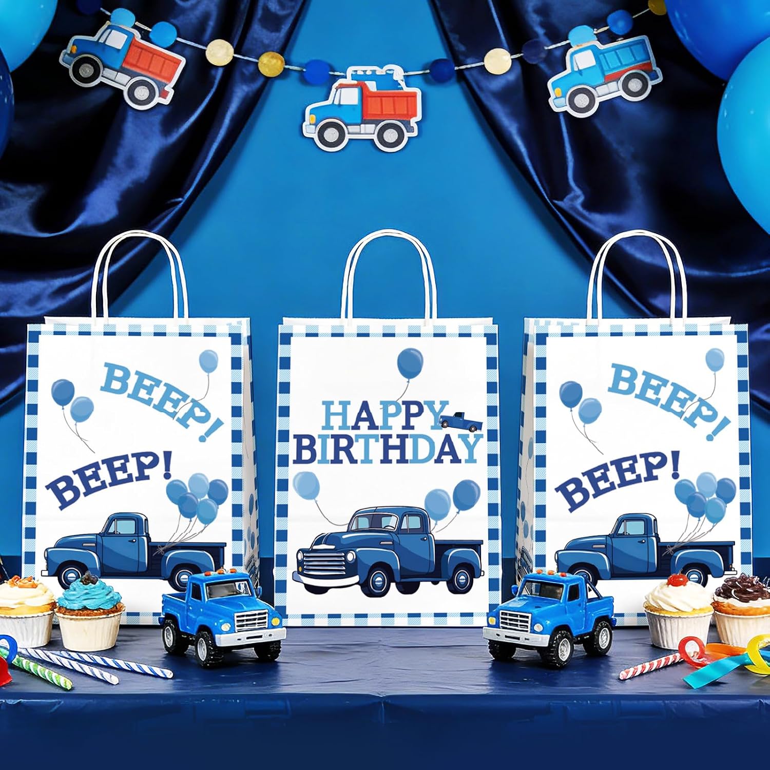 16Pcs Blue Truck Birthday Party Favor Bags Beep Beep Goodie Bags image 4