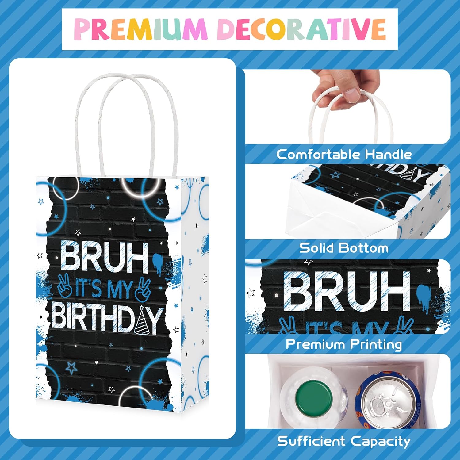 16Pcs Bruh It's My Birthday Party Favor Bags Black Blue Goodie Bags image 2