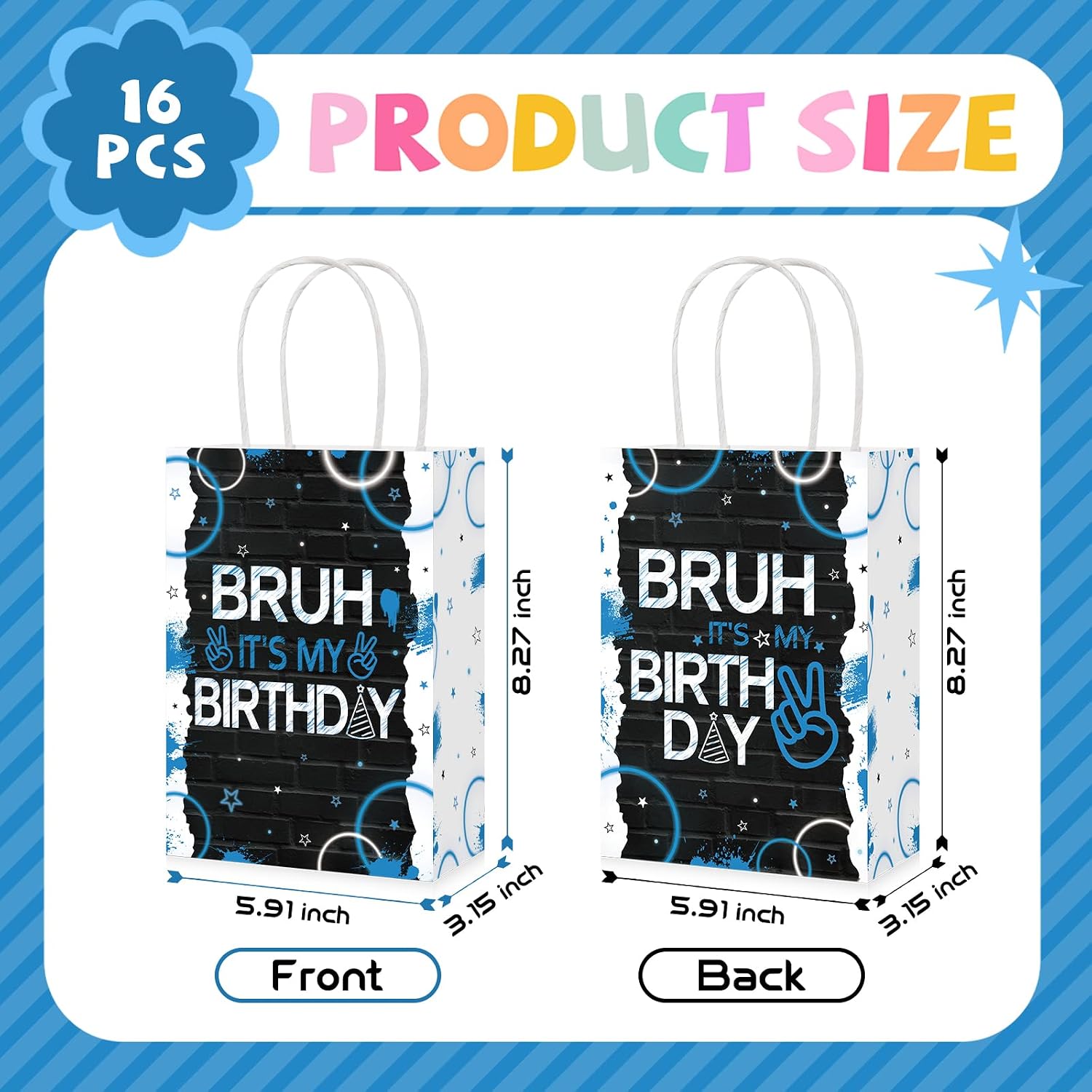 16Pcs Bruh It's My Birthday Party Favor Bags Black Blue Goodie Bags image 3