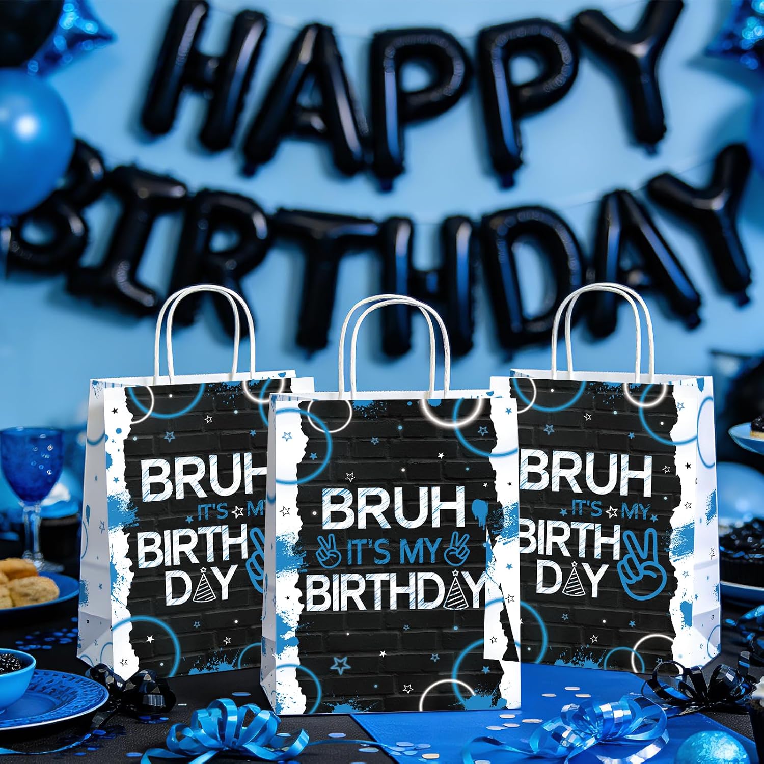 16Pcs Bruh It's My Birthday Party Favor Bags Black Blue Goodie Bags image 4