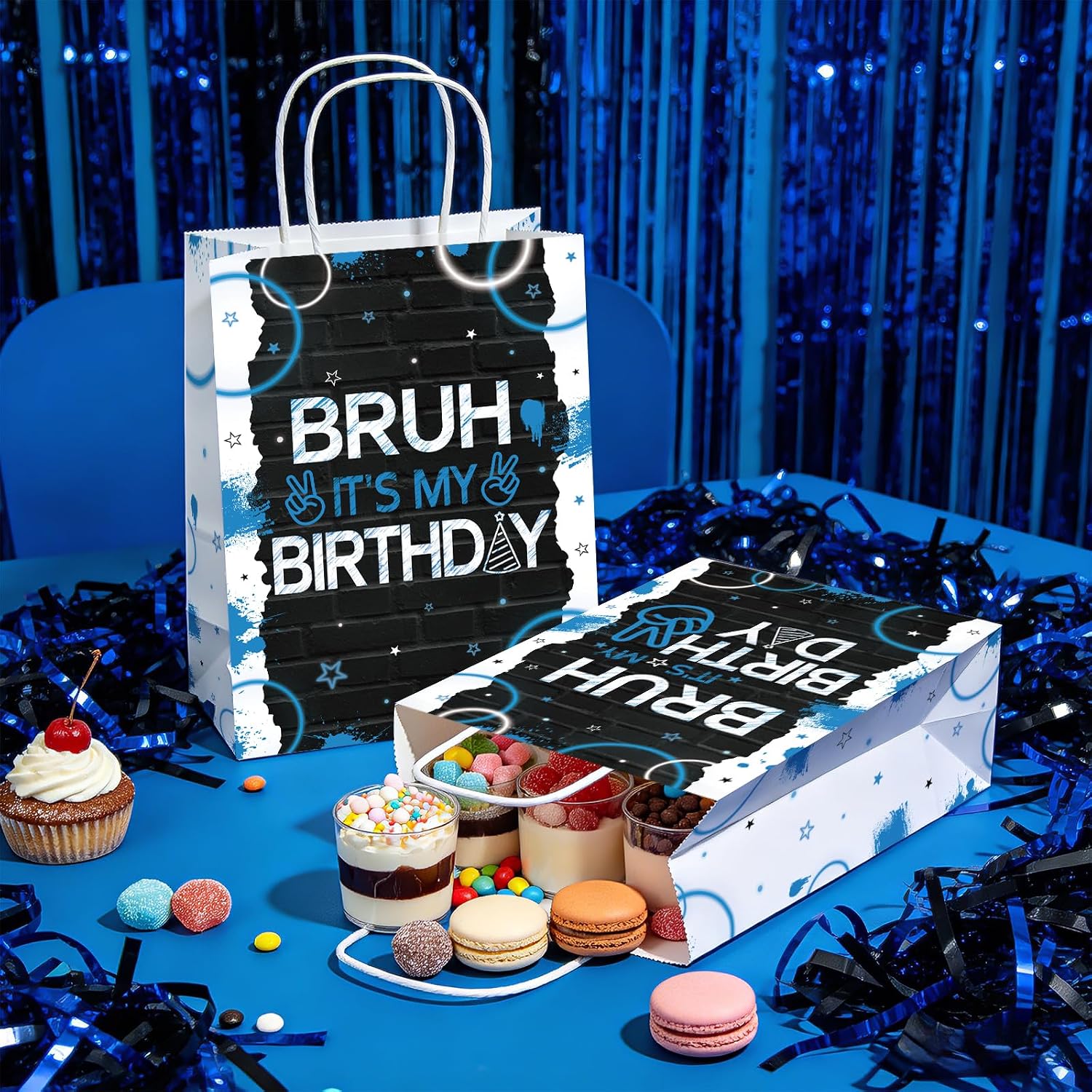 16Pcs Bruh It's My Birthday Party Favor Bags Black Blue Goodie Bags image 5