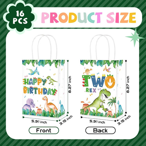 16Pcs Dinosaur 2nd Birthday Party Favor Bags Two Rex Bags Goodie Bags - Grencian