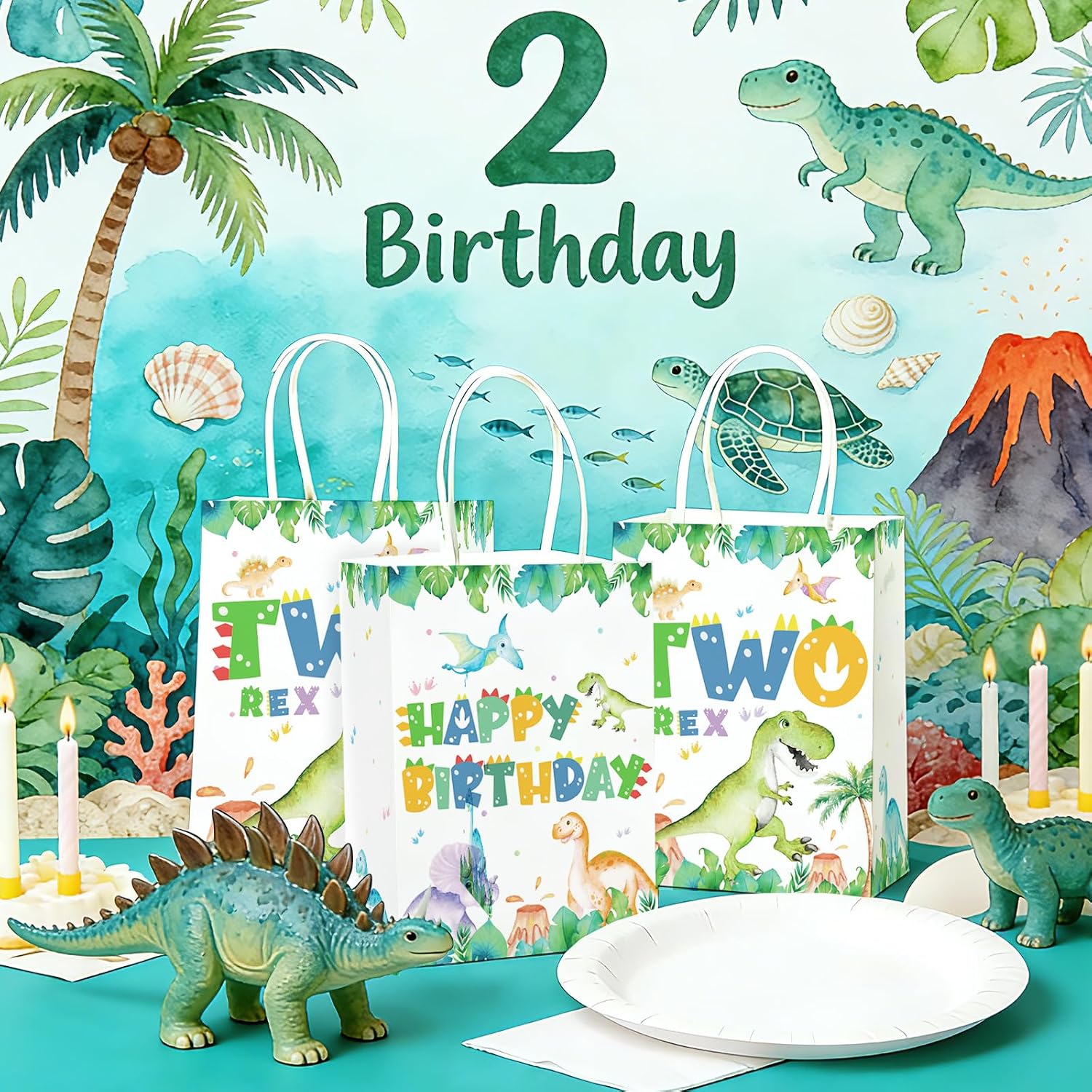 16Pcs Dinosaur 2nd Birthday Party Favor Bags Two Rex Bags Goodie Bags - Grencian