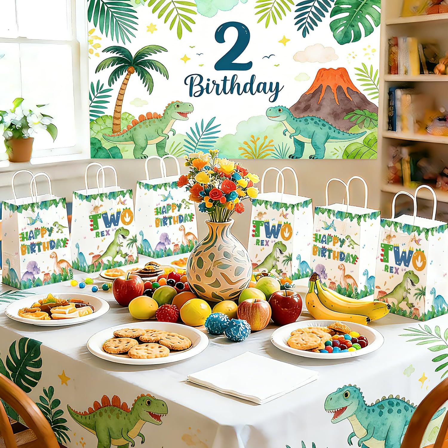 16Pcs Dinosaur 2nd Birthday Party Favor Bags Two Rex Bags Goodie Bags - Grencian