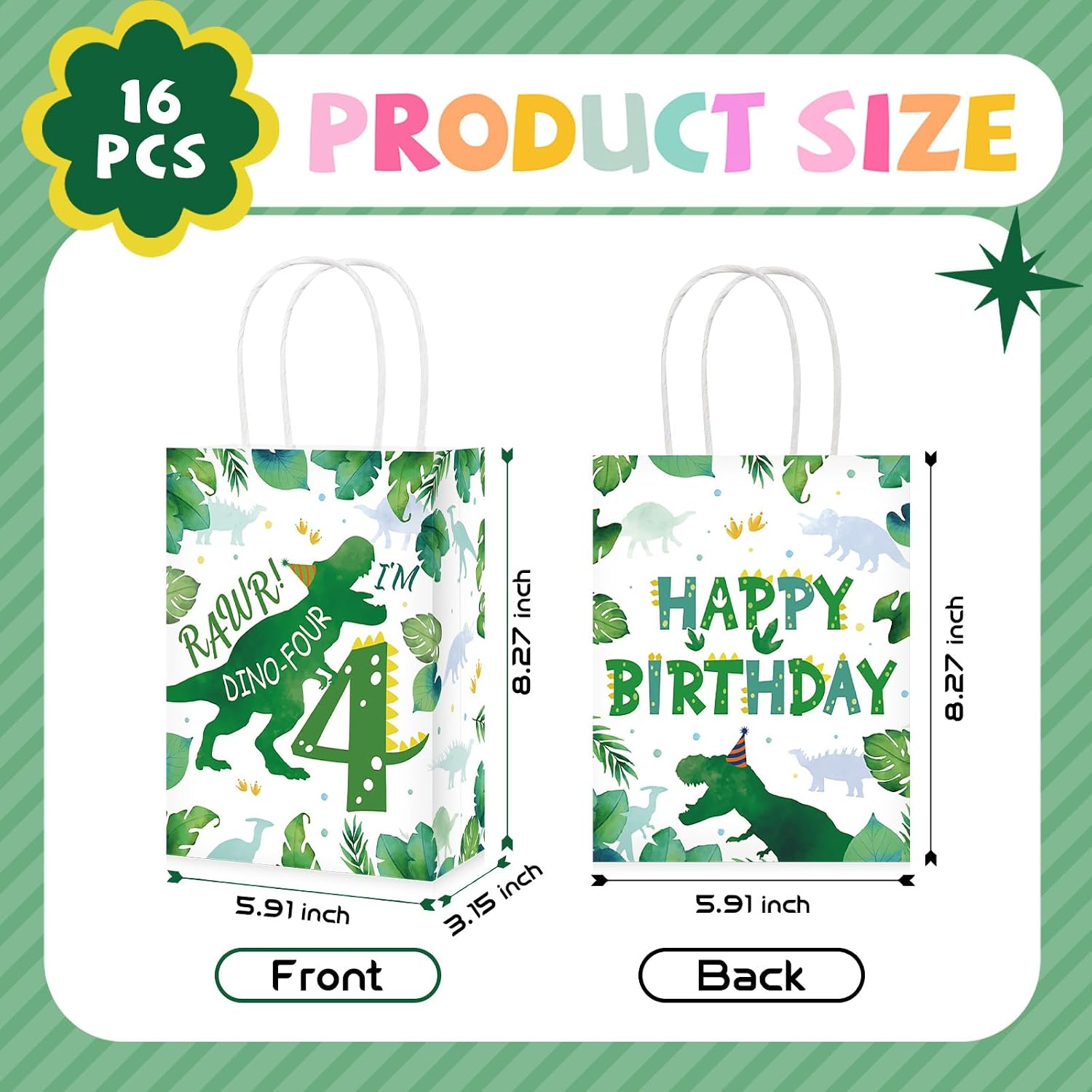 16Pcs Dinosaur 4th Birthday Party Favor Bags Roar Im Four Goodie Bags - Grencian