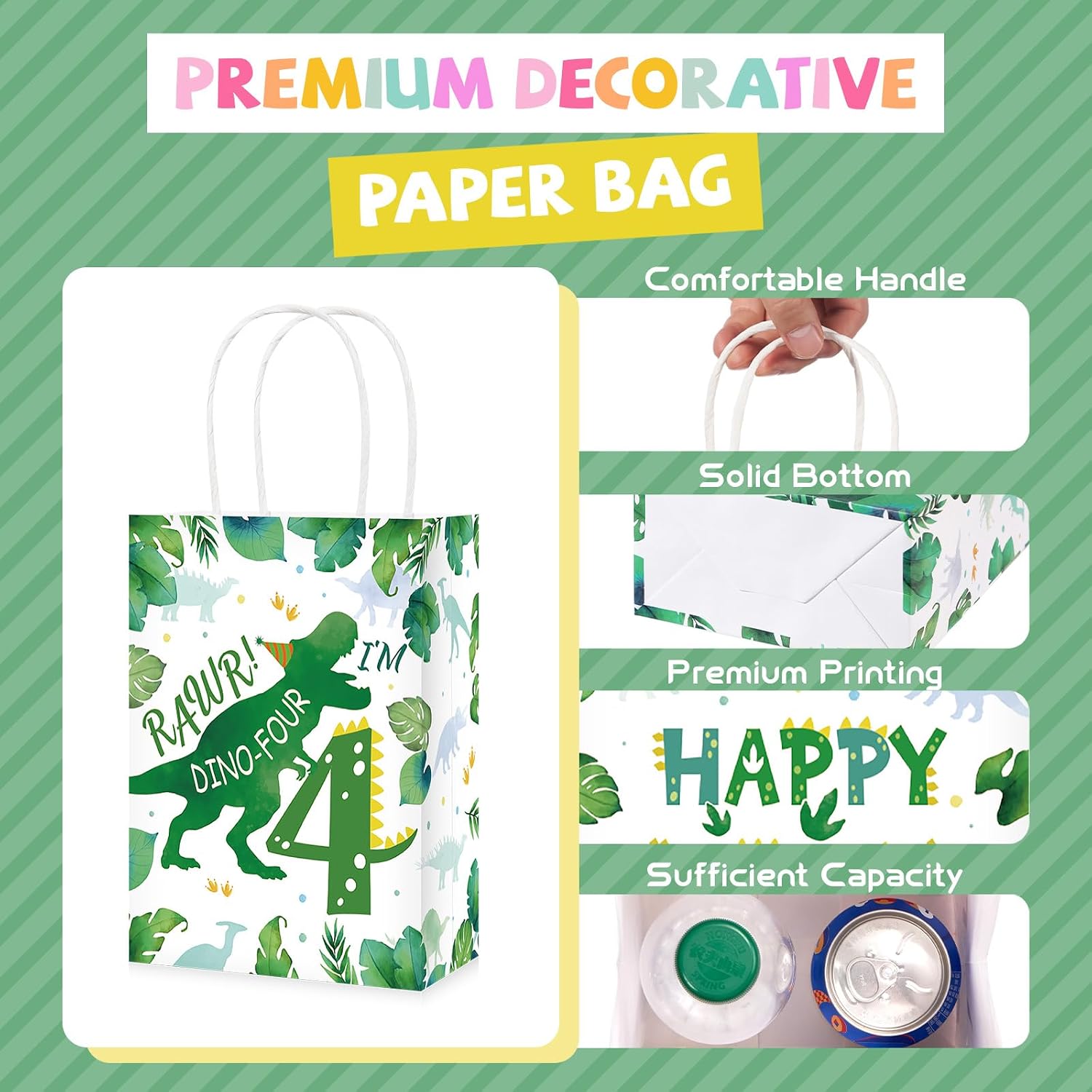 16Pcs Dinosaur 4th Birthday Party Favor Bags Roar Im Four Goodie Bags - Grencian