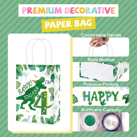 16Pcs Dinosaur 4th Birthday Party Favor Bags Roar Im Four Goodie Bags - Grencian