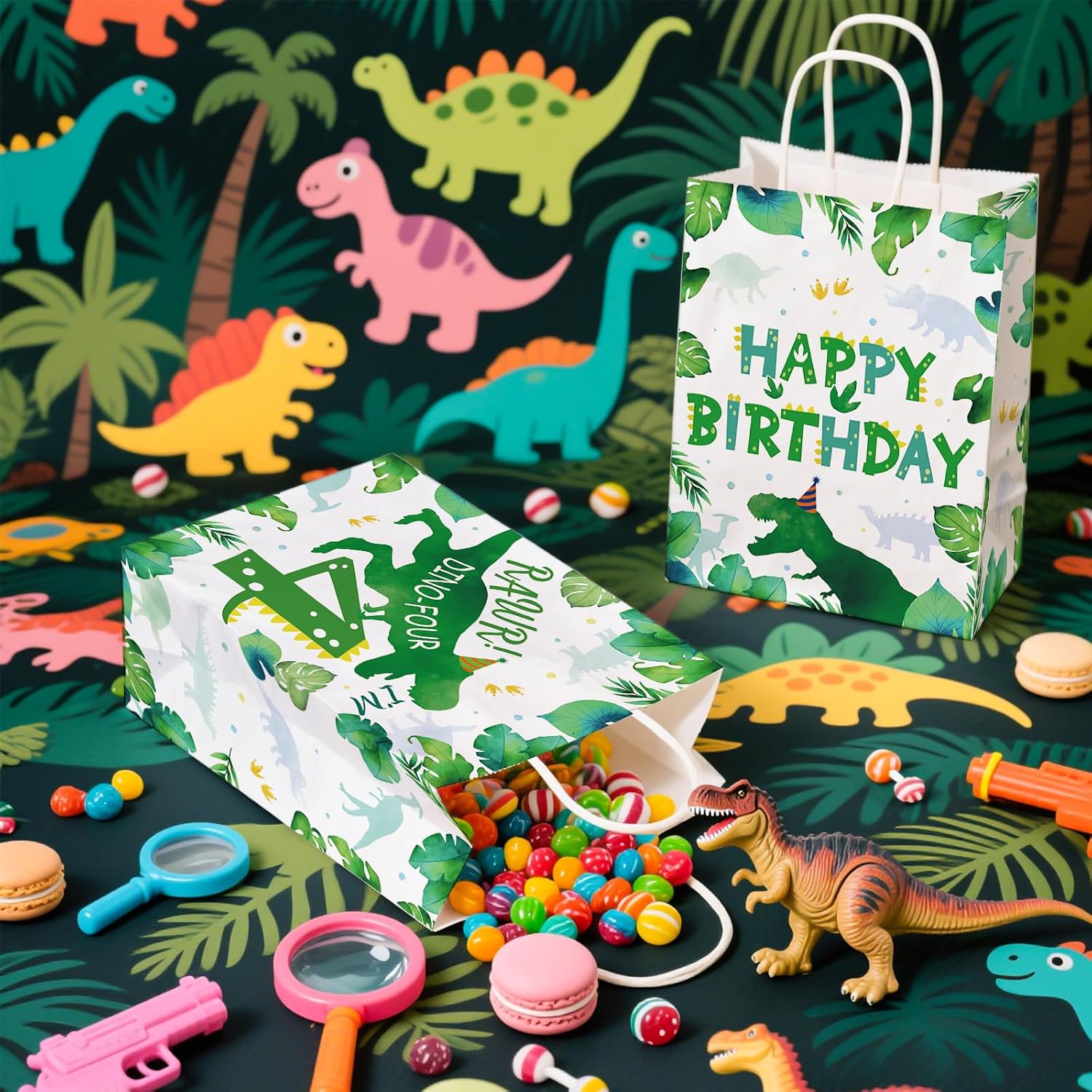 16Pcs Dinosaur 4th Birthday Party Favor Bags Roar Im Four Goodie Bags - Grencian