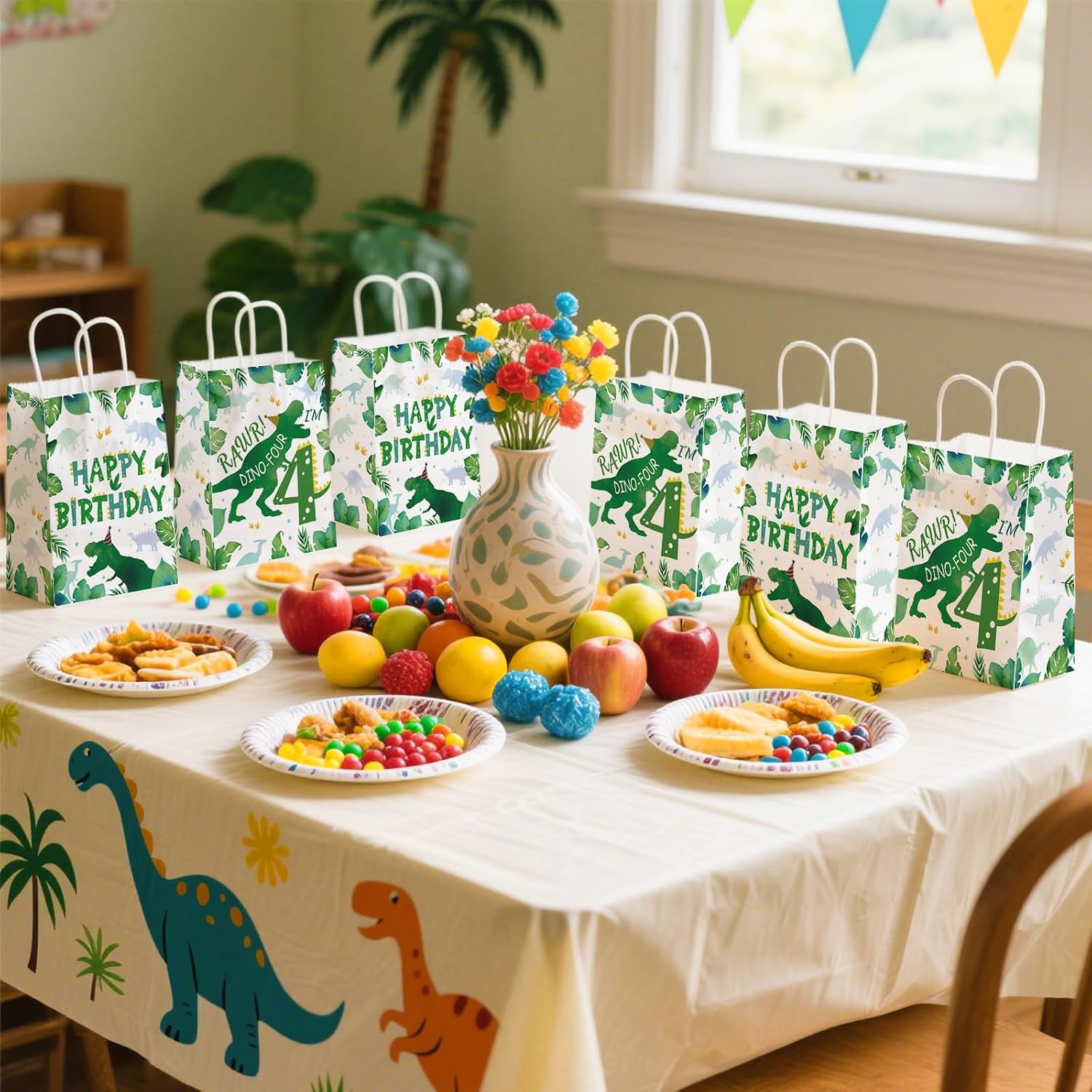 16Pcs Dinosaur 4th Birthday Party Favor Bags Roar Im Four Goodie Bags - Grencian