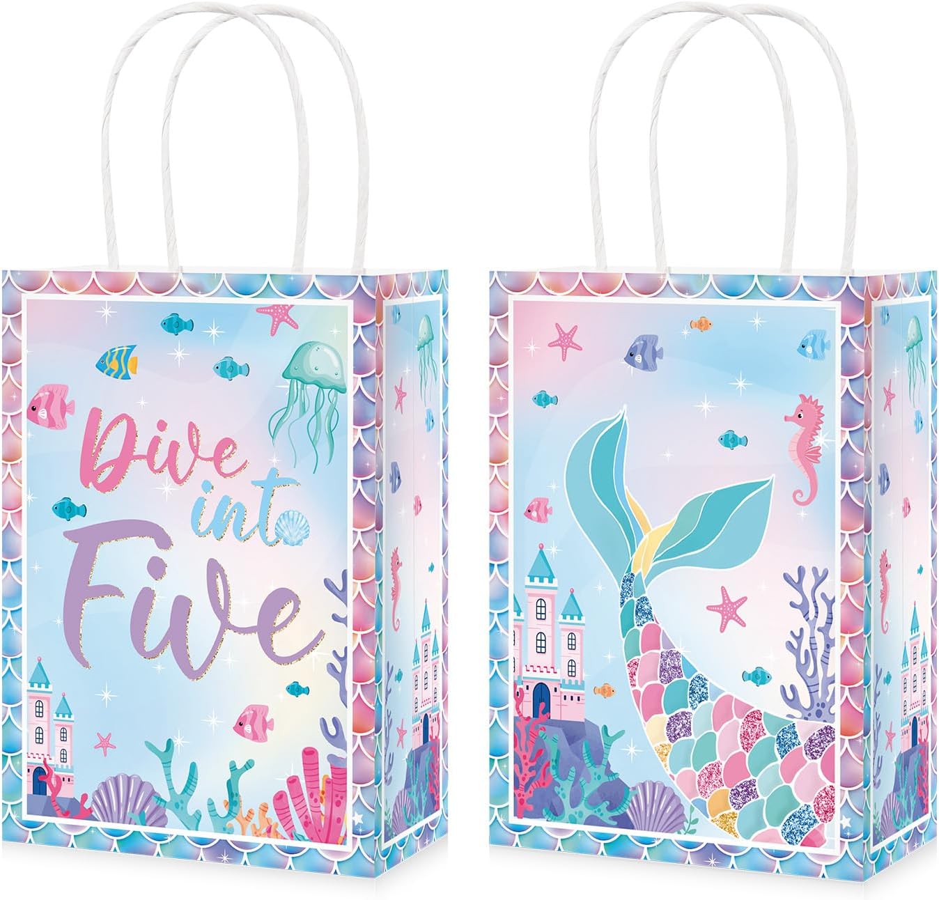 16Pcs Dive Into Five Party Favor Bags Five Mermaid Birthday Goodie Bags - Grencian