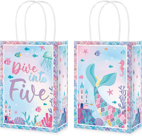 16Pcs Dive Into Five Party Favor Bags Five Mermaid Birthday Goodie Bags - Grencian