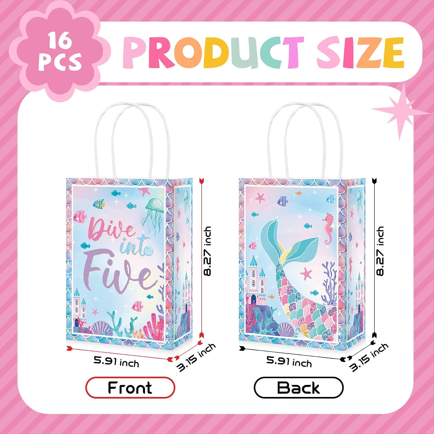 16Pcs Dive Into Five Party Favor Bags Five Mermaid Birthday Goodie Bags - Grencian