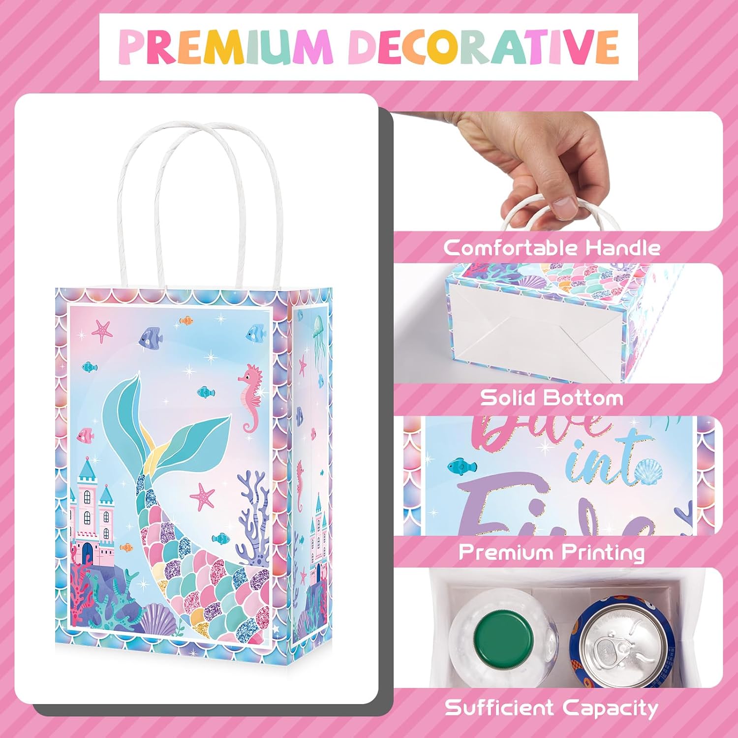 16Pcs Dive Into Five Party Favor Bags Five Mermaid Birthday Goodie Bags - Grencian