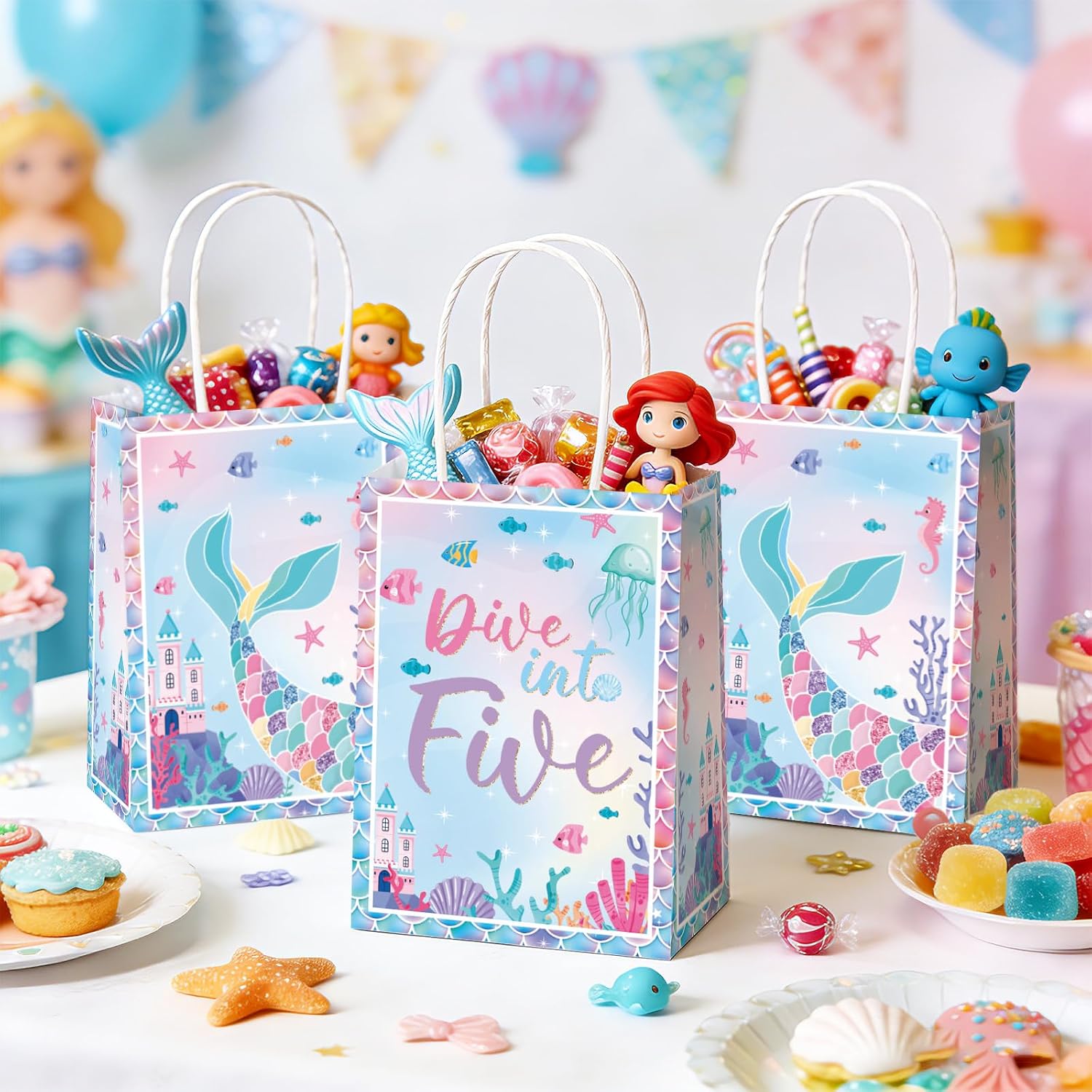 16Pcs Dive Into Five Party Favor Bags Five Mermaid Birthday Goodie Bags - Grencian