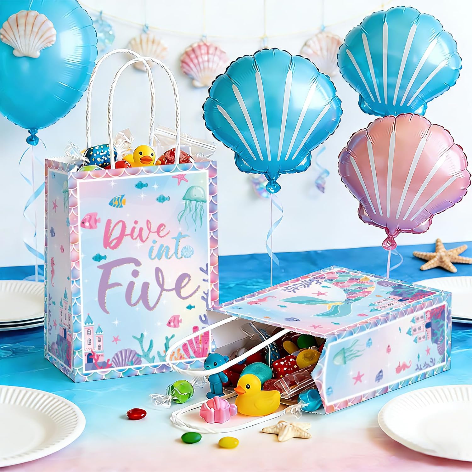 16Pcs Dive Into Five Party Favor Bags Five Mermaid Birthday Goodie Bags - Grencian