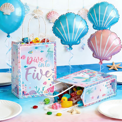 16Pcs Dive Into Five Party Favor Bags Five Mermaid Birthday Goodie Bags - Grencian