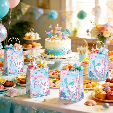 16Pcs Dive Into Five Party Favor Bags Five Mermaid Birthday Goodie Bags - Grencian