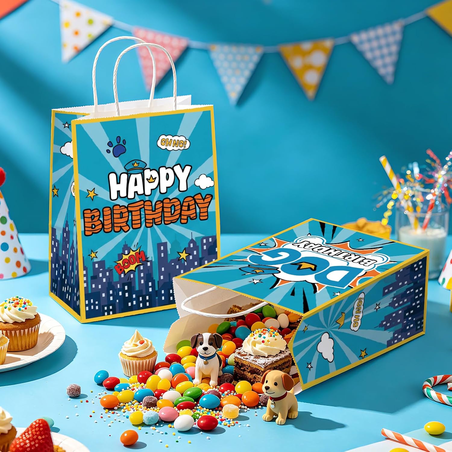 16Pcs Dog Hero Birthday Party Favor Bags Cartoon Puppy Paw Print Goodie Bags - Grencian