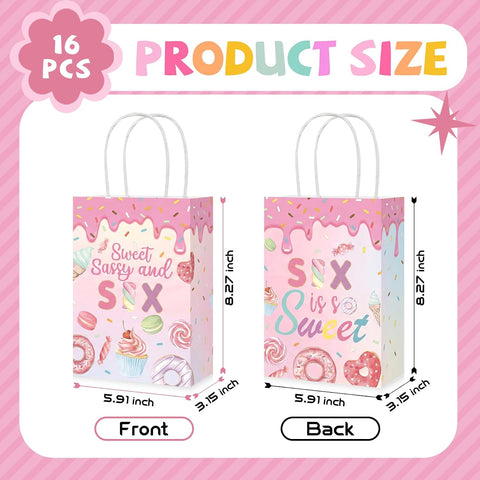 16Pcs Donut 6th Birthday Party Favor Bags Six is so Sweet Goodie Bags - Grencian