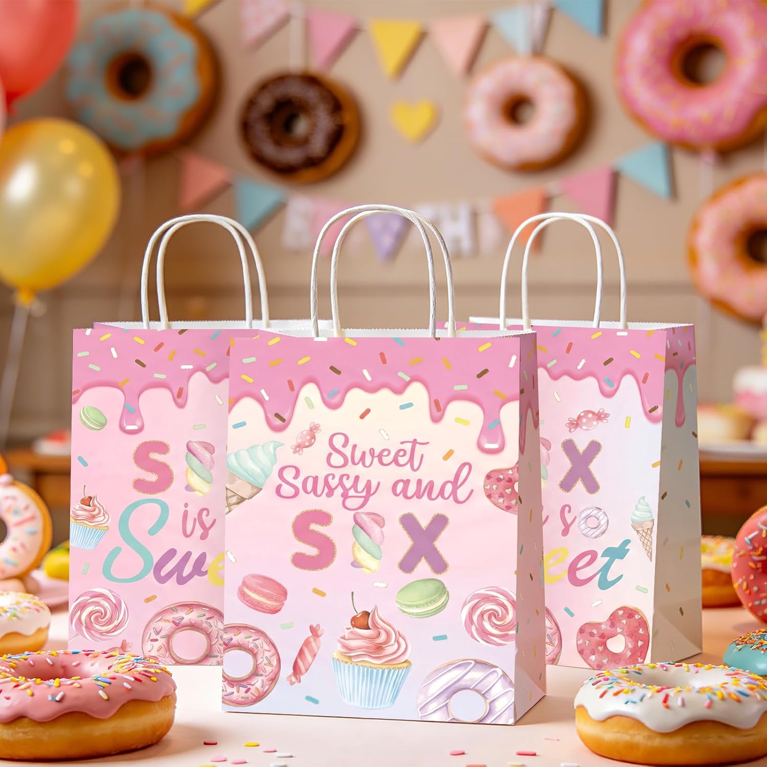 16Pcs Donut 6th Birthday Party Favor Bags Six is so Sweet Goodie Bags - Grencian