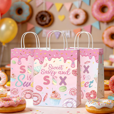 16Pcs Donut 6th Birthday Party Favor Bags Six is so Sweet Goodie Bags - Grencian
