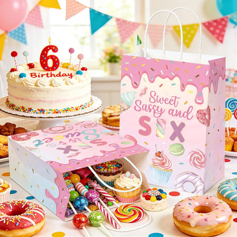 16Pcs Donut 6th Birthday Party Favor Bags Six is so Sweet Goodie Bags - Grencian