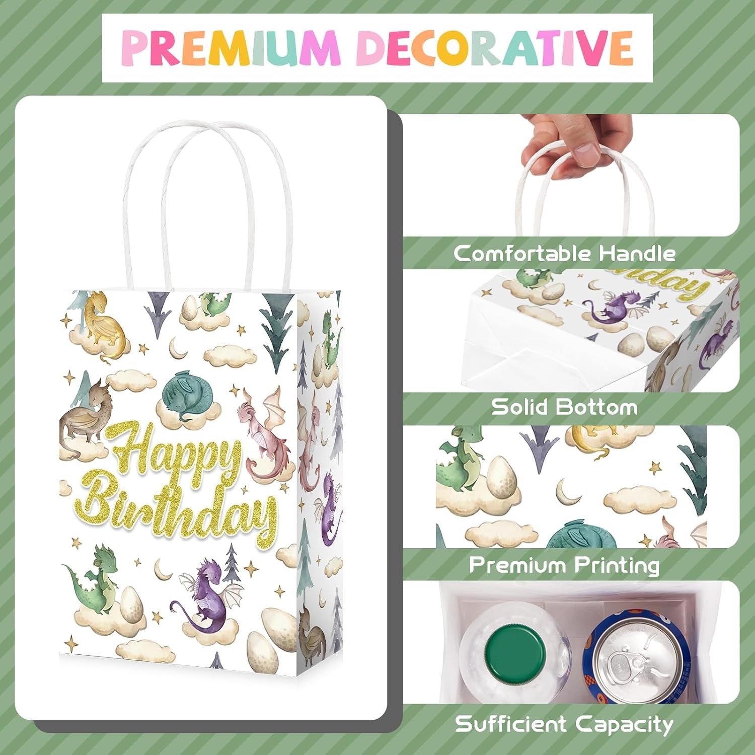 16Pcs Dragon Birthday Party Favor Bags Watercolor Dragon Goodie Bags - Grencian
