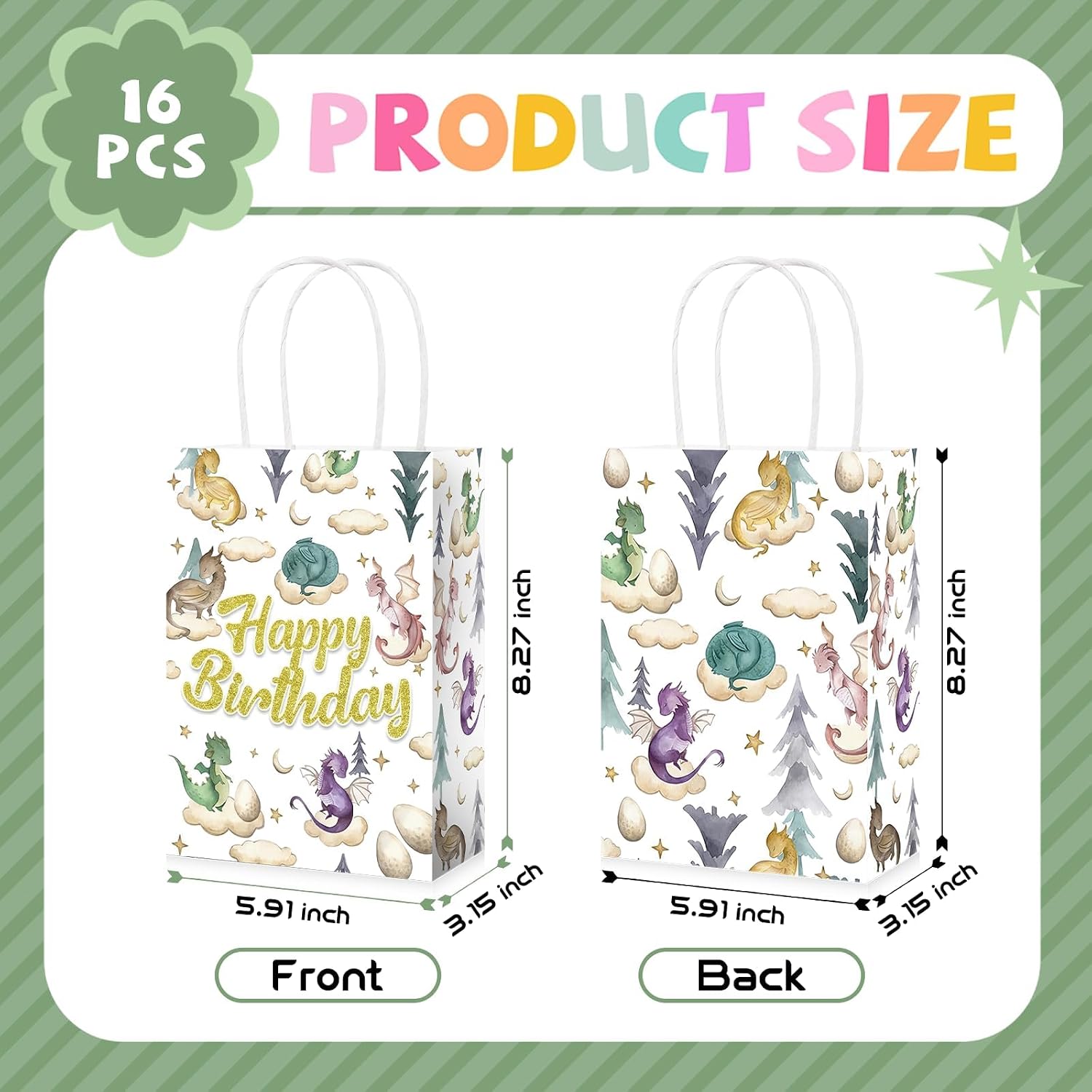 16Pcs Dragon Birthday Party Favor Bags Watercolor Dragon Goodie Bags - Grencian