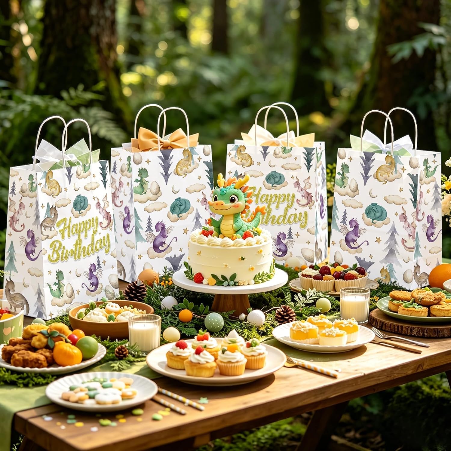 16Pcs Dragon Birthday Party Favor Bags Watercolor Dragon Goodie Bags - Grencian