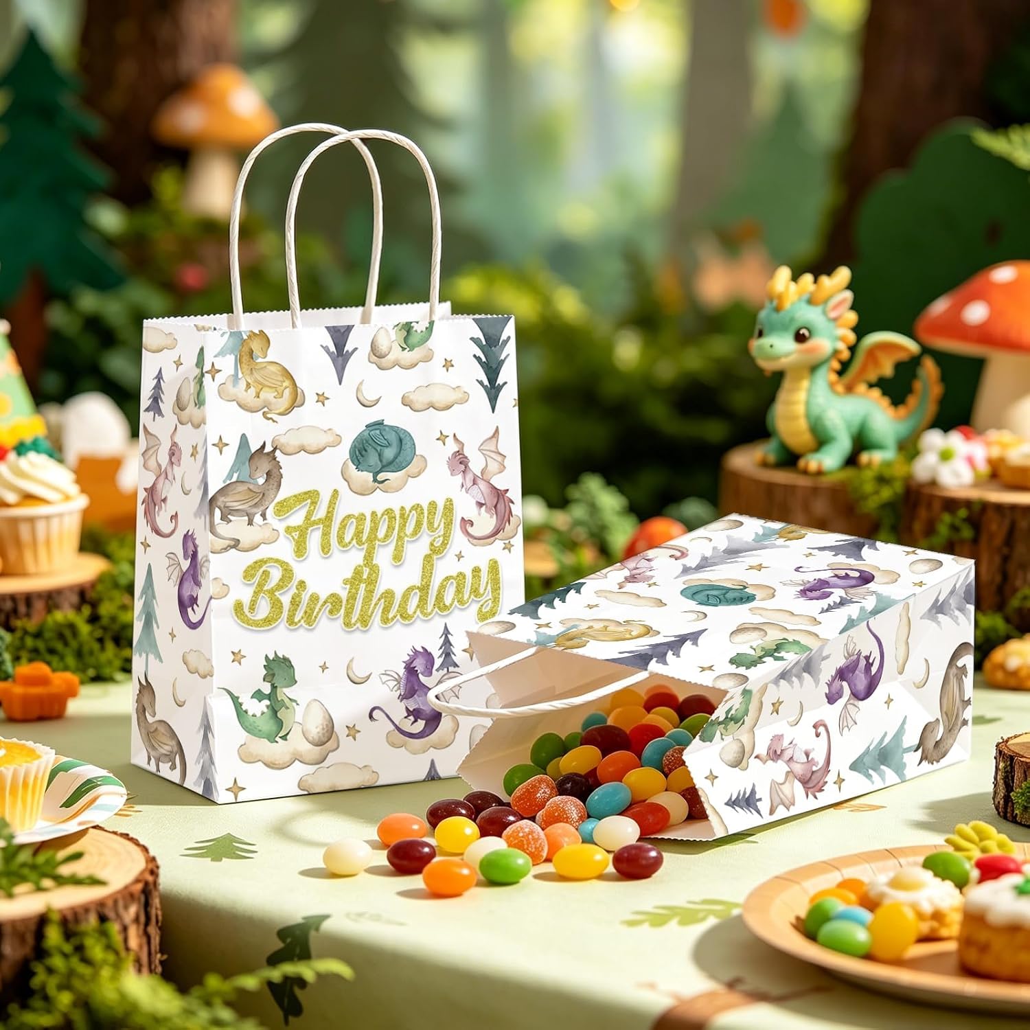 16Pcs Dragon Birthday Party Favor Bags Watercolor Dragon Goodie Bags - Grencian