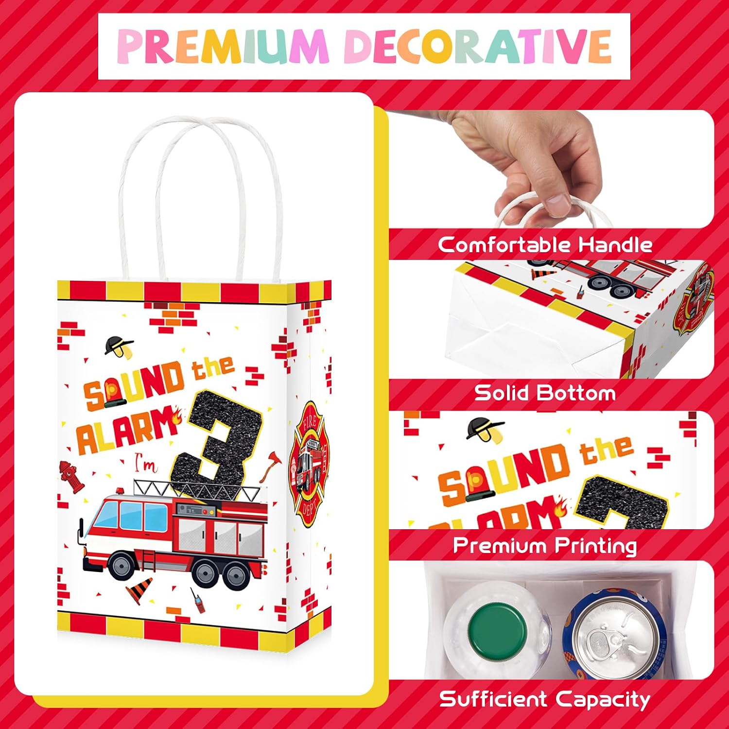 16Pcs Fire Truck 3rd Birthday Party Favors Bags Sound the Alarm Goodie Bags - Grencian