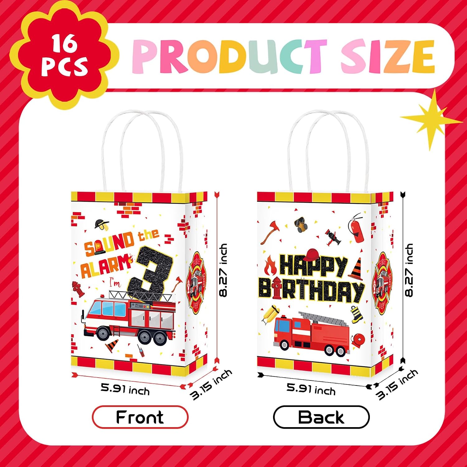 16Pcs Fire Truck 3rd Birthday Party Favors Bags Sound the Alarm Goodie Bags - Grencian