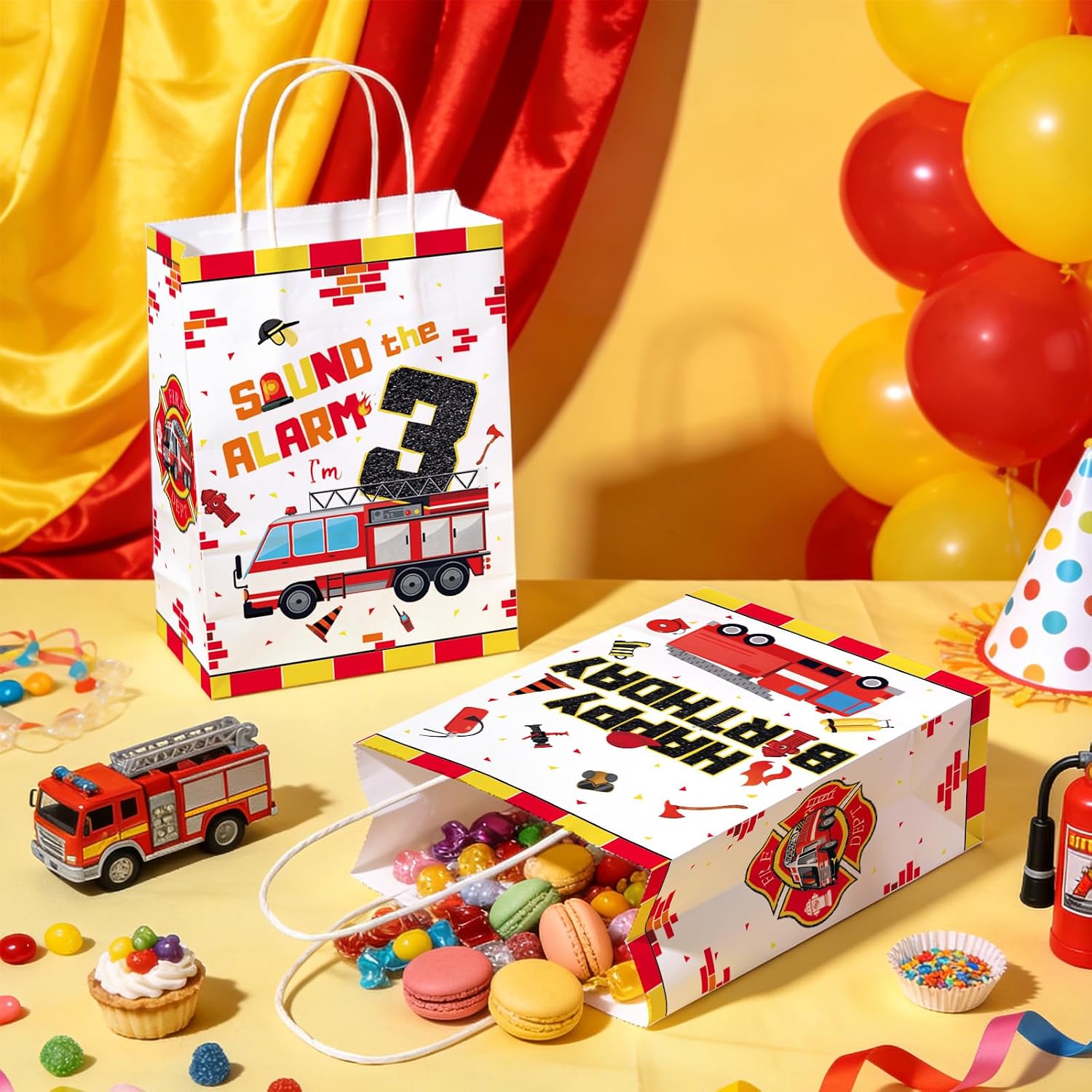16Pcs Fire Truck 3rd Birthday Party Favors Bags Sound the Alarm Goodie Bags - Grencian