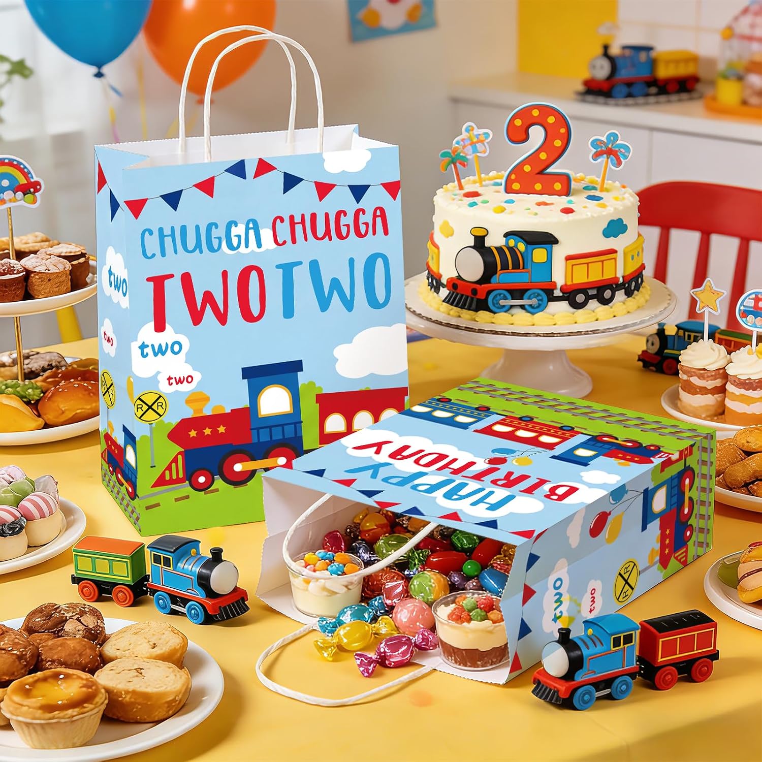16Pcs Train 2nd Birthday Party Favor Bags Chugga Chugga Two Two Goodie Bags - Grencian