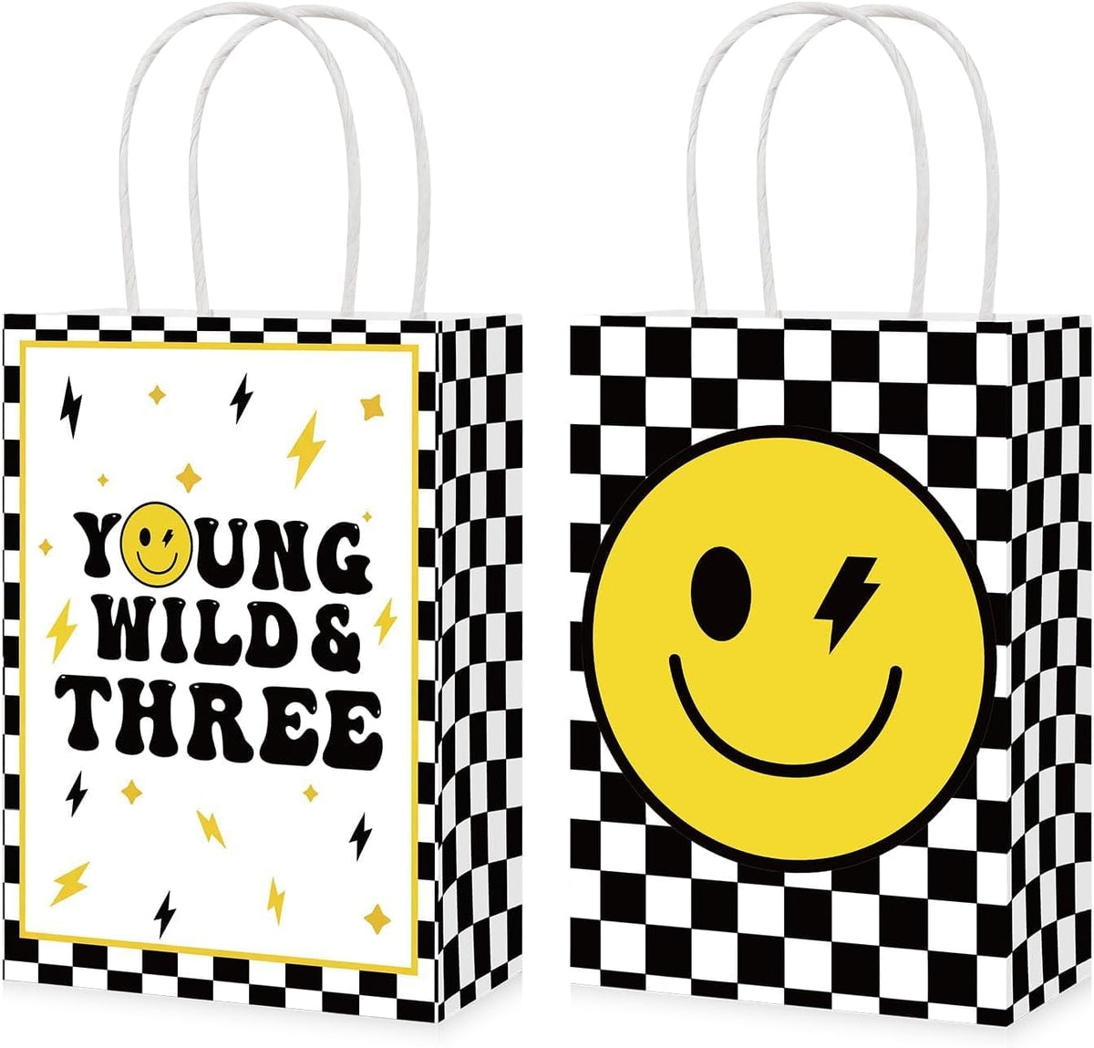 16Pcs Young Wild and Three Birthday Party Favor Bags Yellow Smile Face Goodie Bags image 1