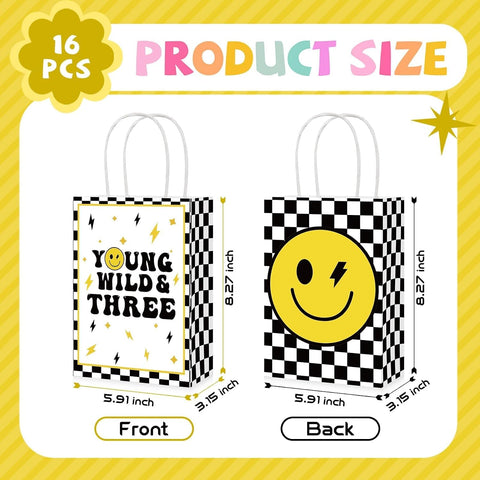 16Pcs Young Wild and Three Birthday Party Favor Bags Yellow Smile Face Goodie Bags image 2
