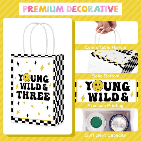 16Pcs Young Wild and Three Birthday Party Favor Bags Yellow Smile Face Goodie Bags image 3