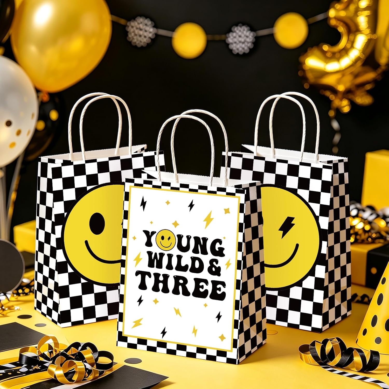 16Pcs Young Wild and Three Birthday Party Favor Bags Yellow Smile Face Goodie Bags image 4