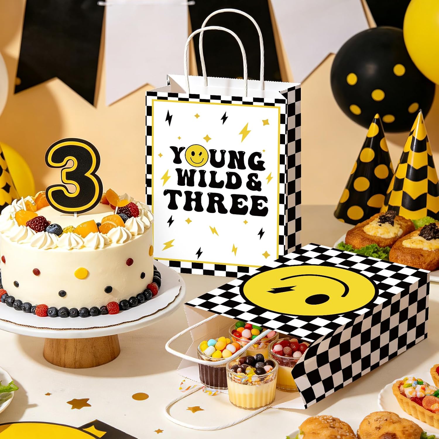 16Pcs Young Wild and Three Birthday Party Favor Bags Yellow Smile Face Goodie Bags image 5