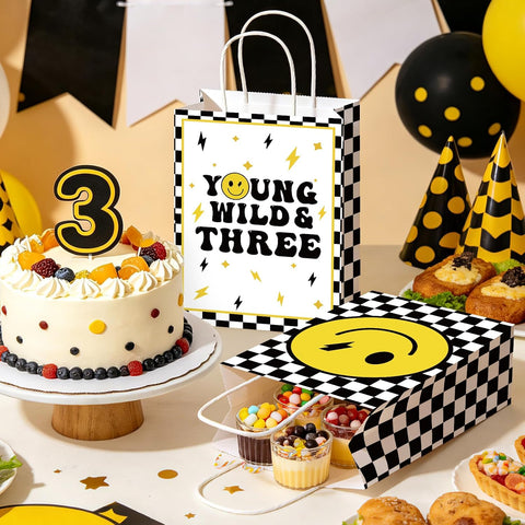 16Pcs Young Wild and Three Birthday Party Favor Bags Yellow Smile Face Goodie Bags image 5