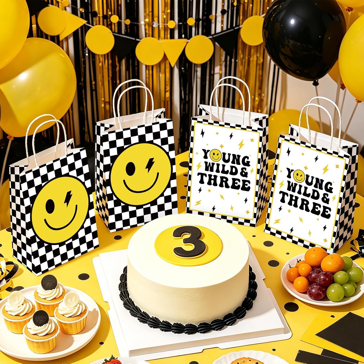 16Pcs Young Wild and Three Birthday Party Favor Bags Yellow Smile Face Goodie Bags image 6